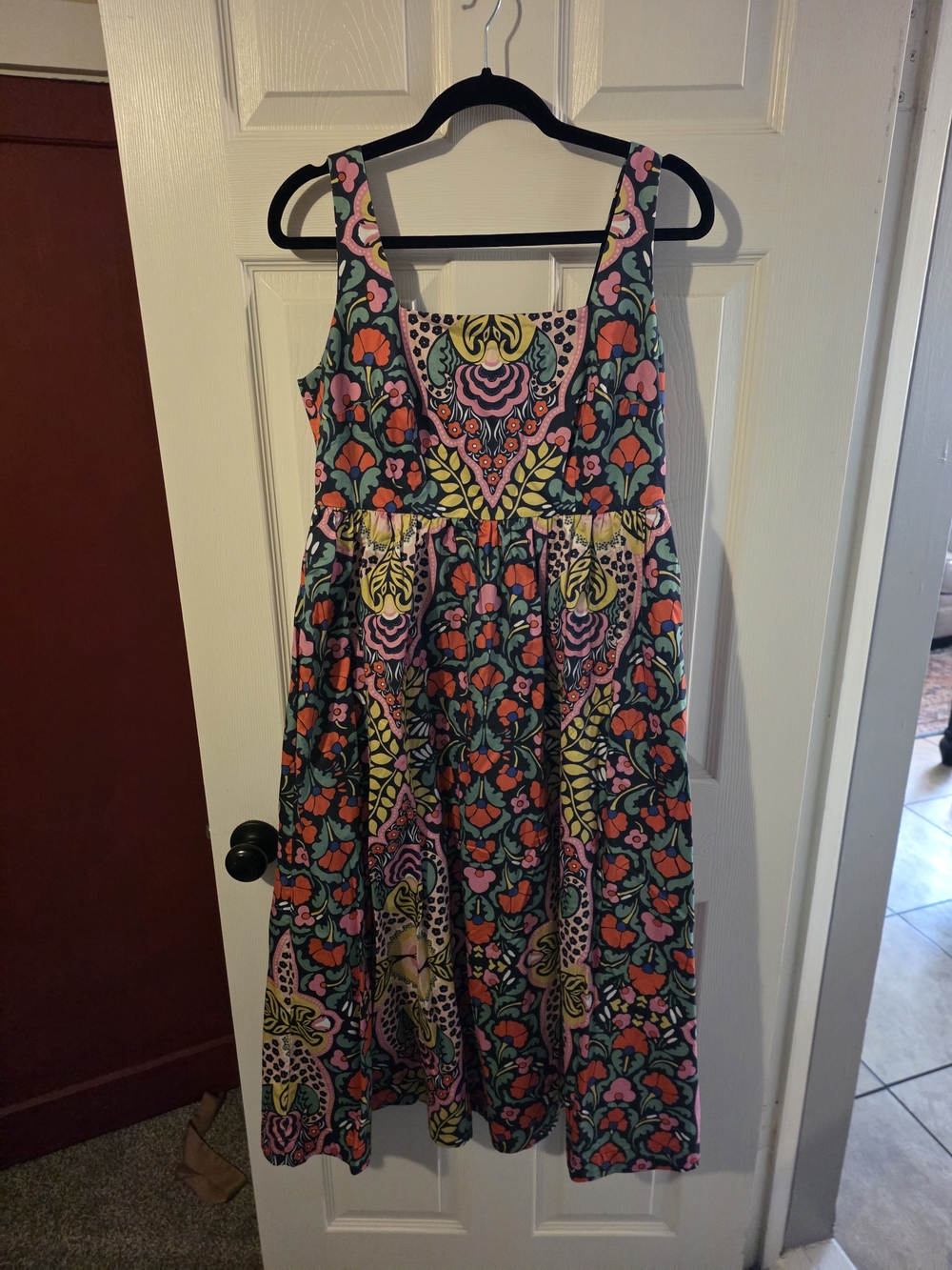 Boden Black Floral Dress with Orange, Pink & Green Accents